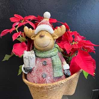 Reindeer figurine in a basket surrounded by red poinsettias