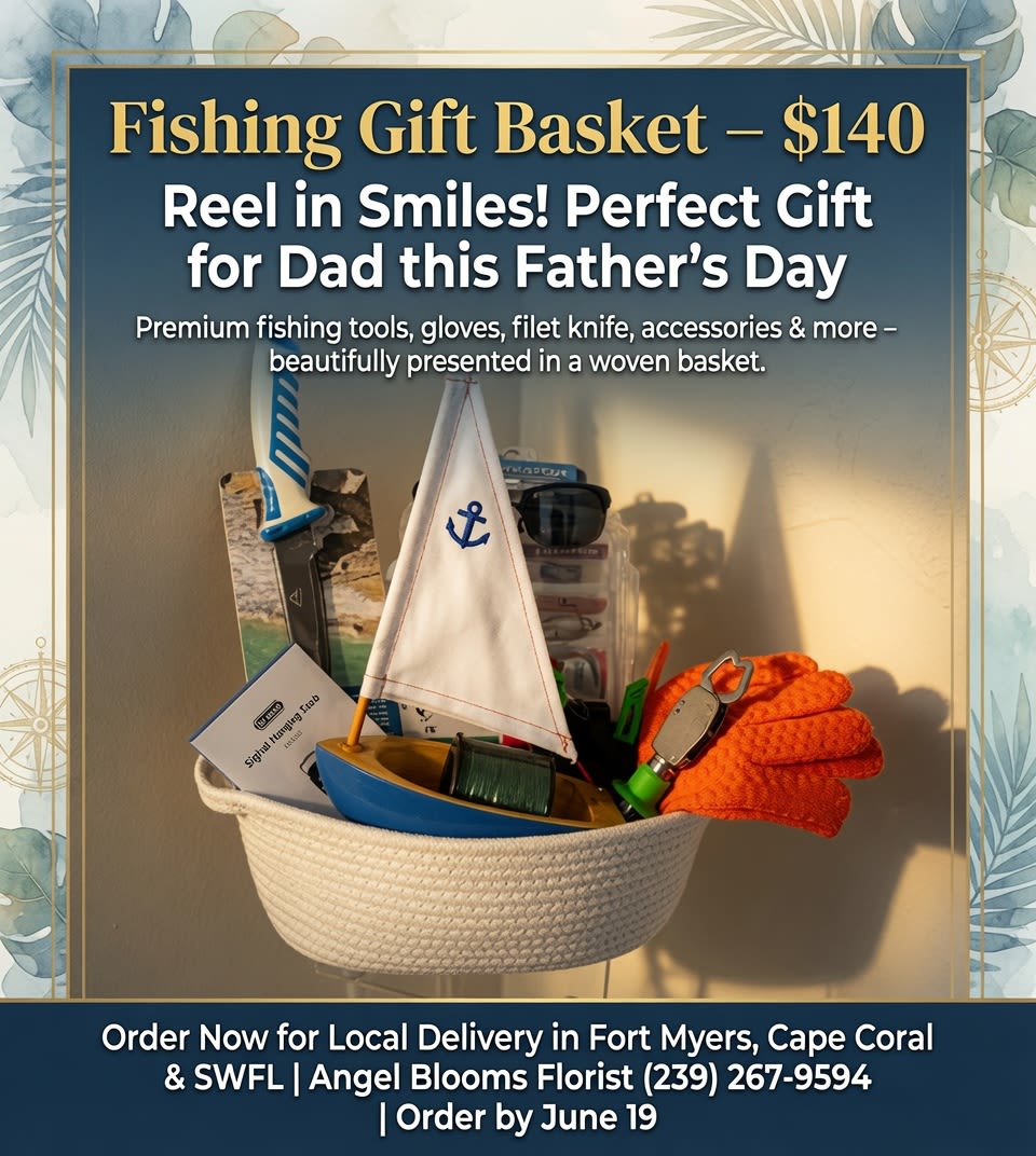 Fishing Gift Basket - A playful nautical gift basket that celebrates the angler in your life - perfect as a Father's Day, birthday, or "just because" surprise for someone who loves time on the water. This fishing gift basket puts practicality and personality front and center: a shallow woven basket holds a small decorative sailboat and an array of fishing-themed tools and packaged accessories so the recipient immediately senses thoughtfulness and usefulness.  Inside you'll find gloves, a filet knife, sunglasses, fishing tools and other packaged accessories arranged in blue, white, black and bright orange tones for a crisp, seaside look. The basket's casual, gift-ready composition makes it easy to hand to Dad, a friend, or a mentor as a Labor Day, Thank You, or congratulations present - or to honor a memory around Memorial Day. Dimensions and contents are curated for immediate use, and the woven basket doubles as handy storage so the gift keeps on giving.