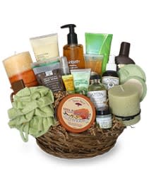 Basket of assorted bath and body products with candles