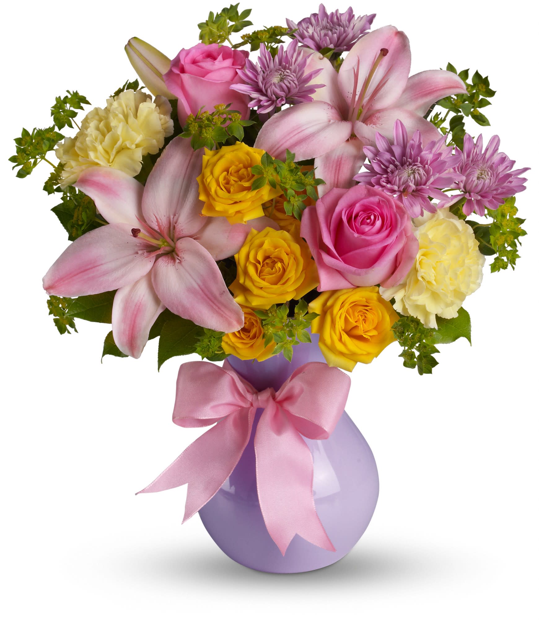 Pink and yellow mixed bouquet in a lavender vase with a pink ribbon