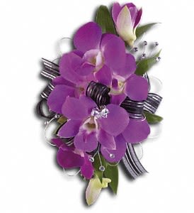 Purple orchid corsage with ribbon and silver accents