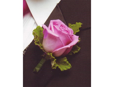 Pink rose boutonniere with green leaves on a dark suit lapel