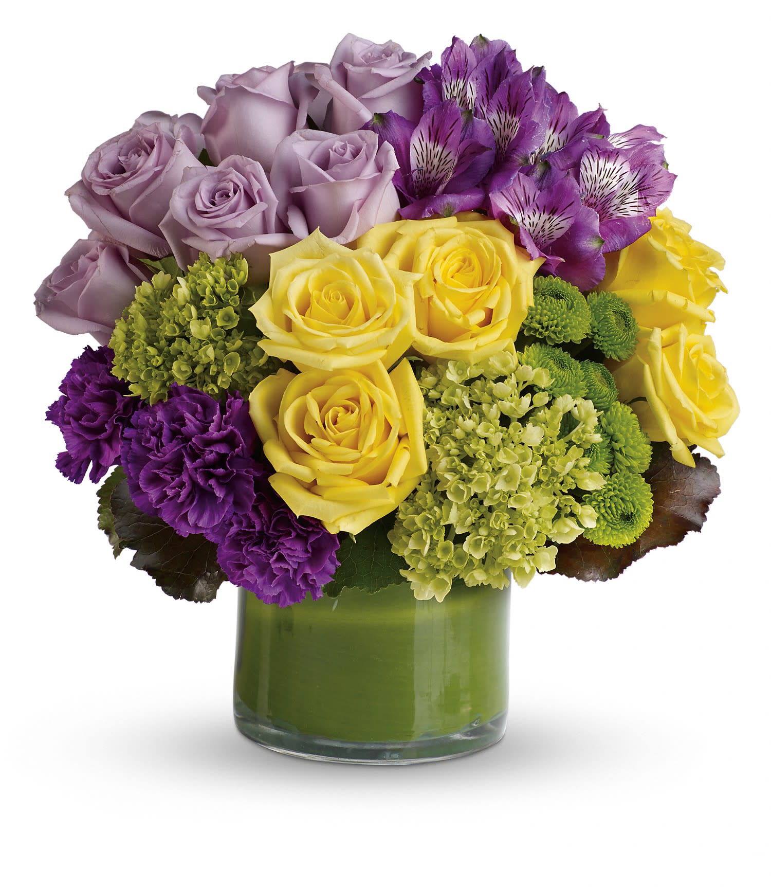 Bouquet of yellow, lavender, and purple flowers in a green glass vase