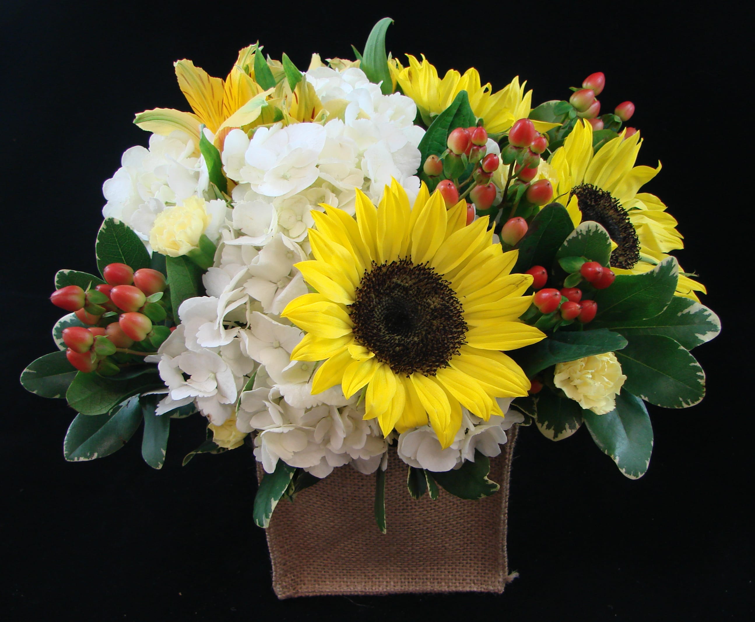 Sunflowers and white hydrangeas in a burlap container