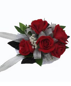 Red rose bouquet with silver ribbon and greenery