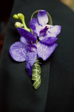Purple orchid boutonniere on a dark suit lapel