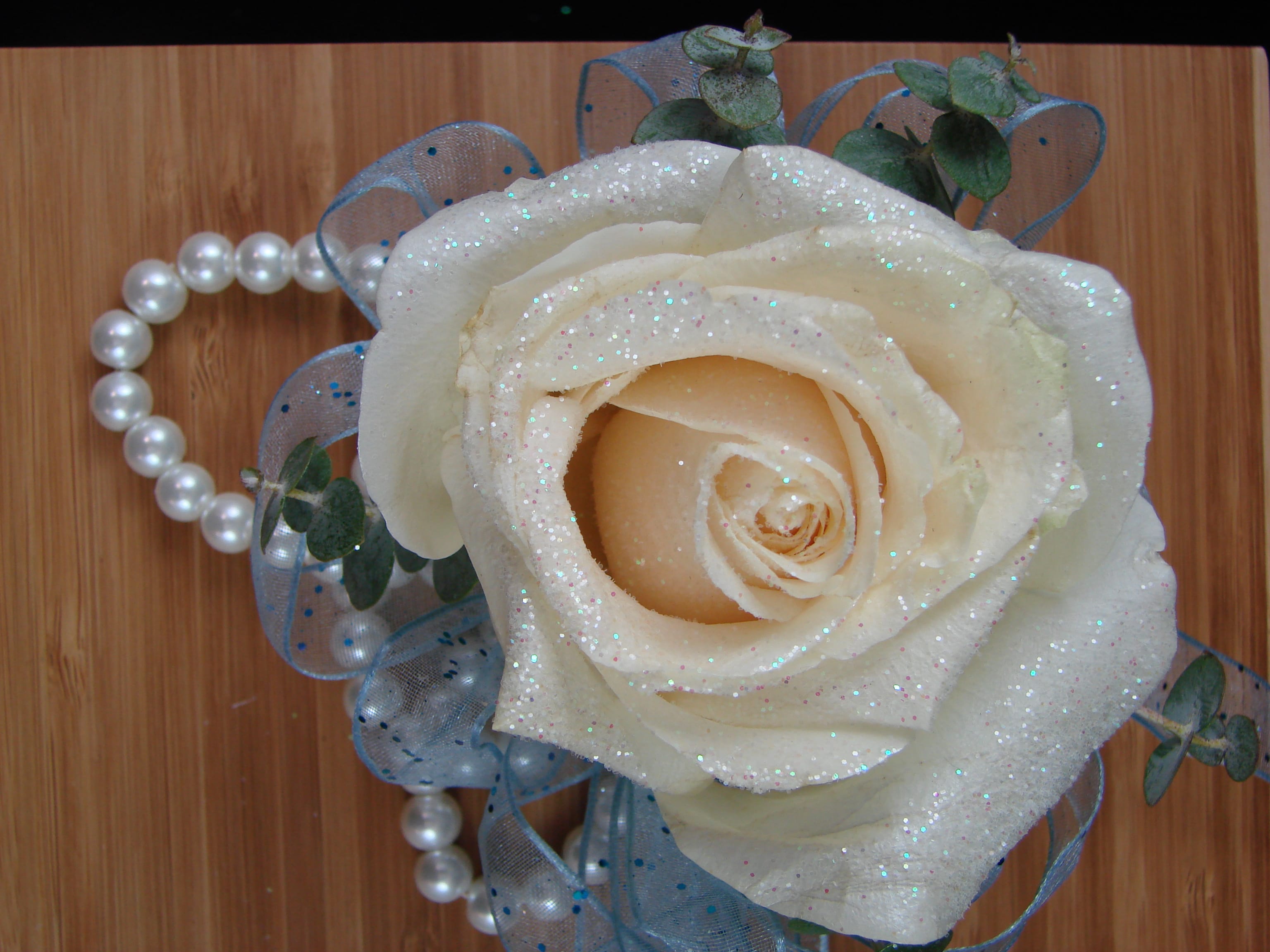Classy Lady - Simple sophisticated shimmering white rose with the subtle accent of light sparkle ribbon and a touch of baby blue eucalyptus adorn this keepsake pearl bracelet