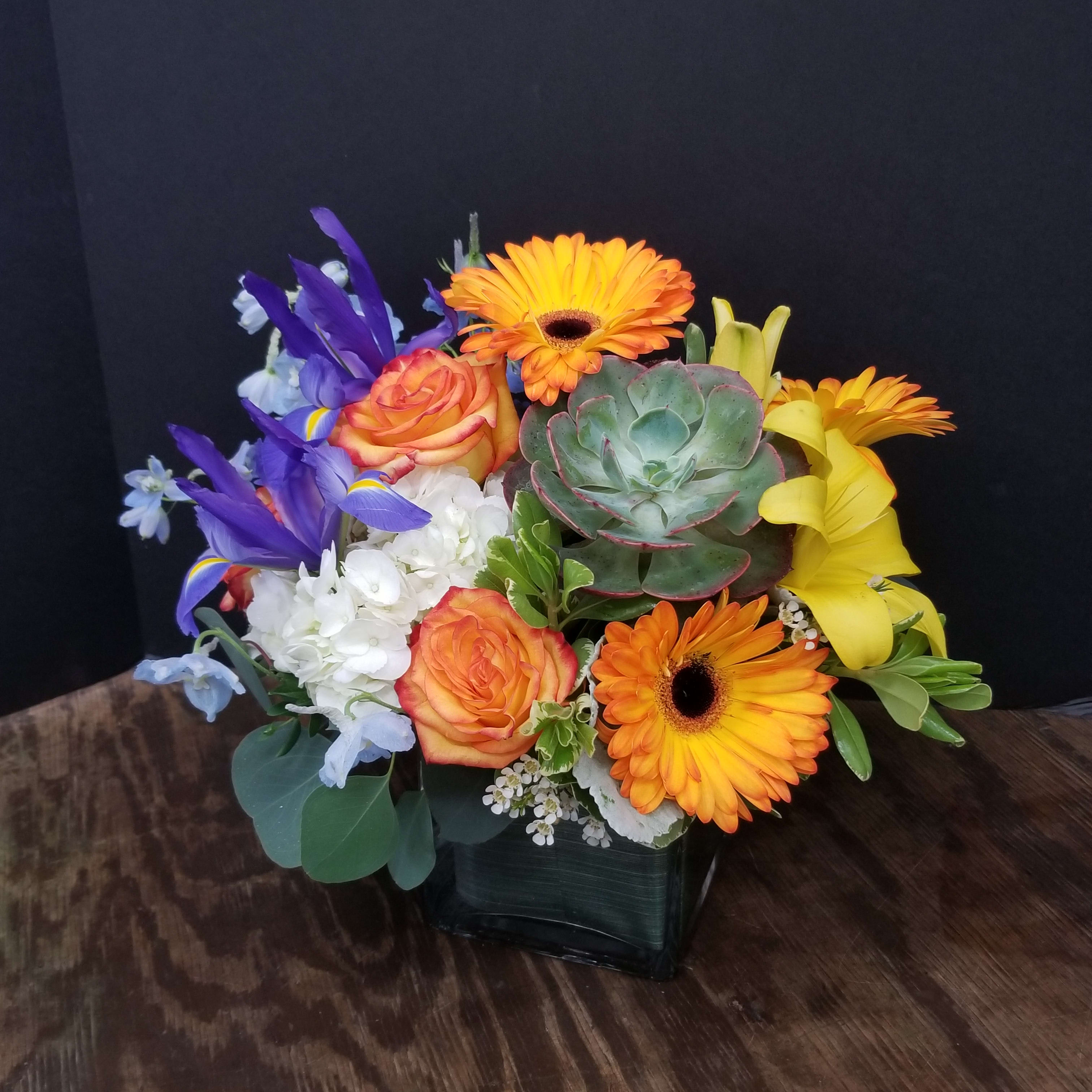 Colorful floral arrangement with roses, gerbera daisies, iris, and a succulent in a black vase