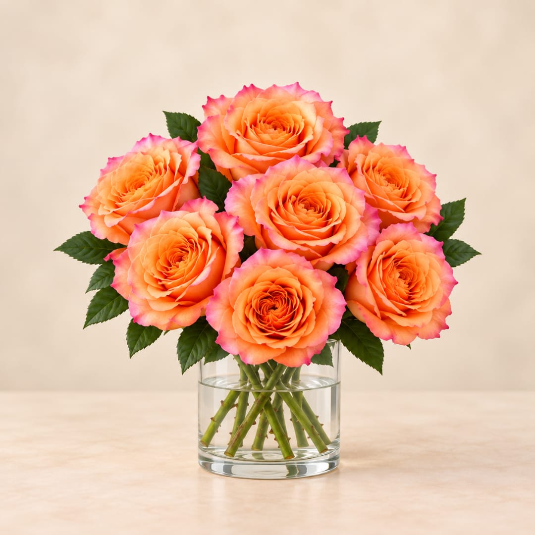 Orange and pink roses arranged in a clear glass vase