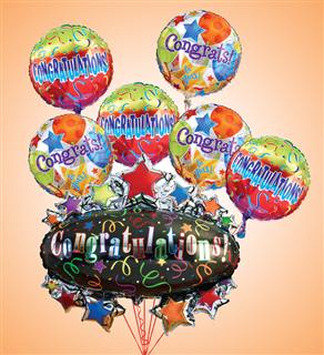 Congratulations Marquee Mylar Bundle - Product ID: 95009   Their spirits are soaring -- capture the moment and recognize their special achievement with our oversized Congratulations Mylar balloon, paired with a bunch of colorful balloons and delivered with care by our expert florists. Large includes 6 assorted balloons. Small includes 4 assorted balloons. Balloon designs may vary due to local availability