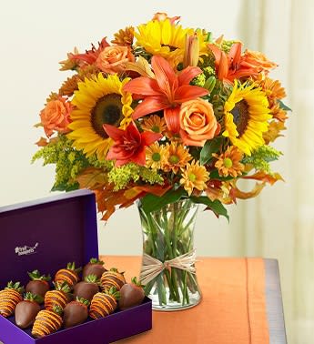 Fields of Europe for Fall with Strawberries - Product ID: 102412  Treat someone to a pair of truly original gifts! Our bestselling Autumn arrangement arrives with one dozen delicious strawberries, dipped and decorated in festive orange drizzle. Itâs the sweetest way to celebrate the seasonâand share a smile. Hand-designed arrangement of roses, sunflowers, lilies, daisy poms, solidago and salal, accented with preserved Fall leaves Lilies may arrive in bud form and will open to full beauty over the next 2-3 days Arrives in a stylish 8"H glass gathering vase tied with raffia Large measures approximately 21"H x 17"L Medium measures approximately 20"H x 15"L Small does not include roses and measures approximately 17"H X 13"L Our florists hand-design each arrangement, so colors, varieties and container may vary due to local availability Paired with a box of 6 dipped strawberries and 6 dipped strawberries drizzled &amp; decorated with orange sugar crystals for a total of 12 All of our dipped fruit is covered in delicious chocolaty confections Arrives in a purple Fruit BouquetsSM branded box Delivered fresh to their door with Same-Day Delivery Allergy Warning: Fruit Bouquets products may contain peanuts and/or tree nuts. We recommend that you take the necessary precautions based on any related allergies.