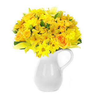 Sunny and Smiling Bouquet - Product ID: BF87-11KS   This bright and cheerful arrangement creates a ray of sunshine for any occasion. Roses, alstroemeria, lilies and daisies...each in yellow...combine with white Monte Casino in a white pitcher to deliver many smiles. Small Measures 12âH by 12âL. Medium Measures 13âH by 13âL (Shown). Large Measures 14âH by 14âL.