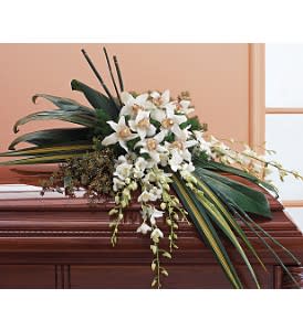 White orchid arrangement on a casket with long dark leaves