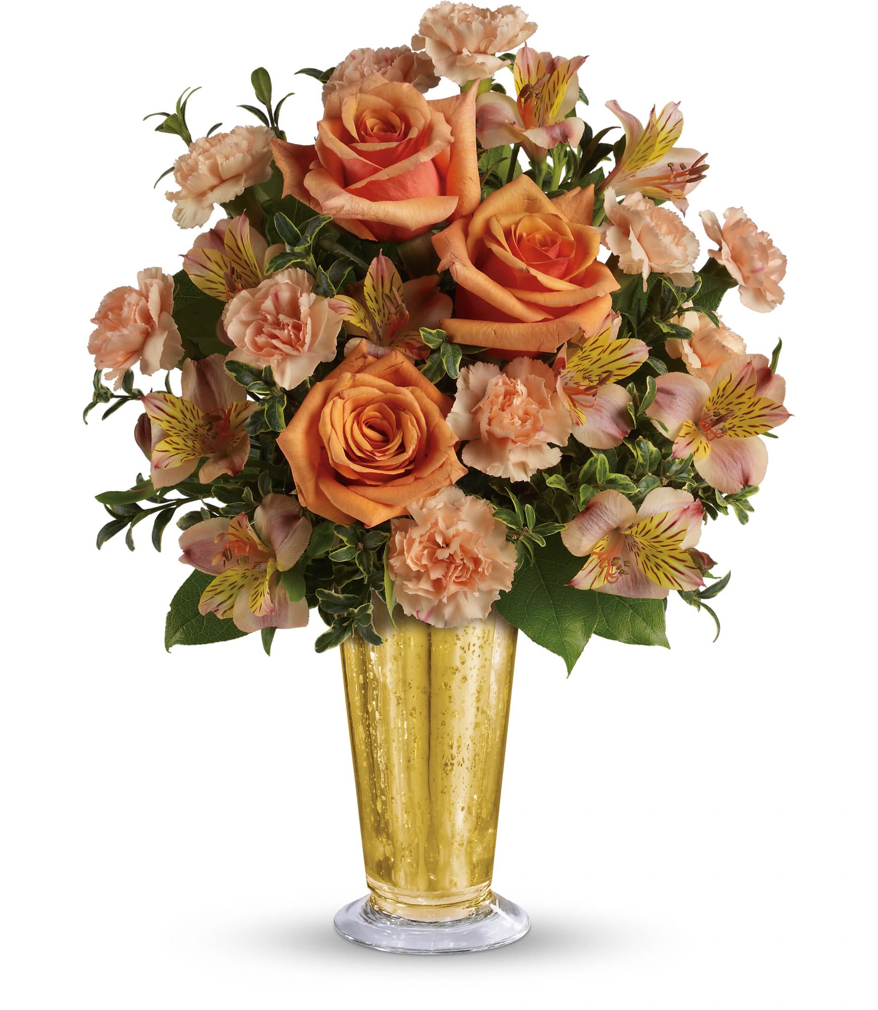Teleflora's Southern Belle Bouquet - This gorgeous bouquet includes orange roses and orange alstroemeria arranged to perfection in our gold mercury glass julep.  