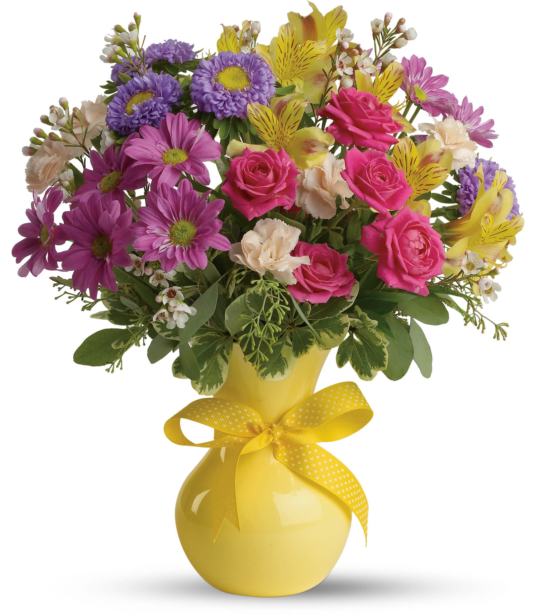 Teleflora's Color It Happy  - Whichever season of the year, this charming bouquet is like a breath of spring. A gorgeous multicolored bouquet in a yellow vase tied with a yellow ribbon - couldn't be springier! 