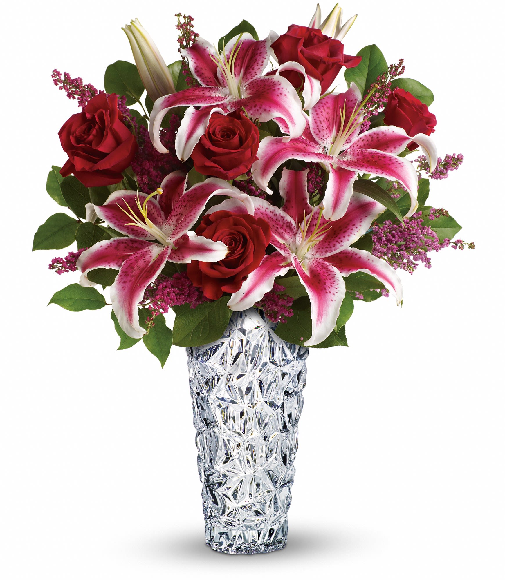 Teleflora's Diamonds And Lilies Bouquet - A stunning beauty! Long-stem red roses and pink stargazer lilies are arranged in a exquisitely detailed sparkling glass vase for a gift that will surely delight!  