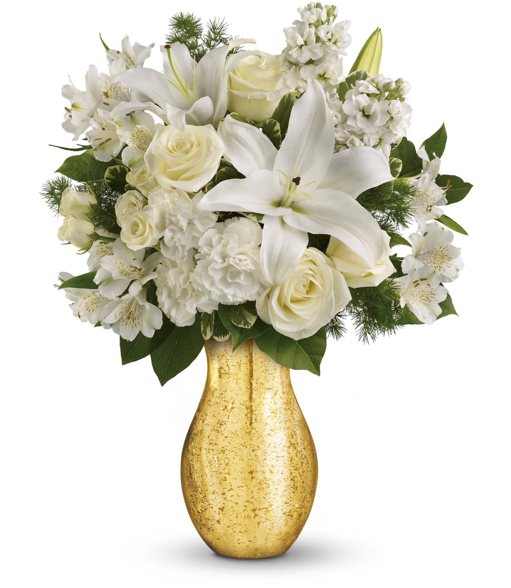 Teleflora's Dream with Me - The stuff that dreams are made of! This ethereal bouquet of snow white flowers in a golden mercury glass vase has a touch of vintage charm -and more than a touch of timeless romance!  