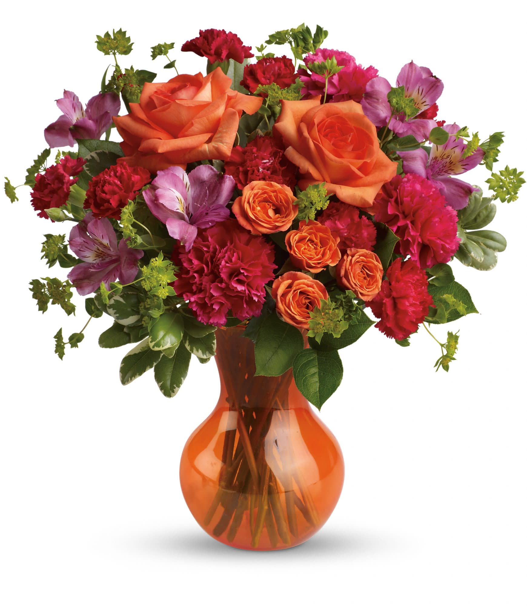 Teleflora's Fancy Free Bouquet - At once bold and delicate, this gorgeous gathering of pink and orange blooms is a fabulous way to fancy up her day. 