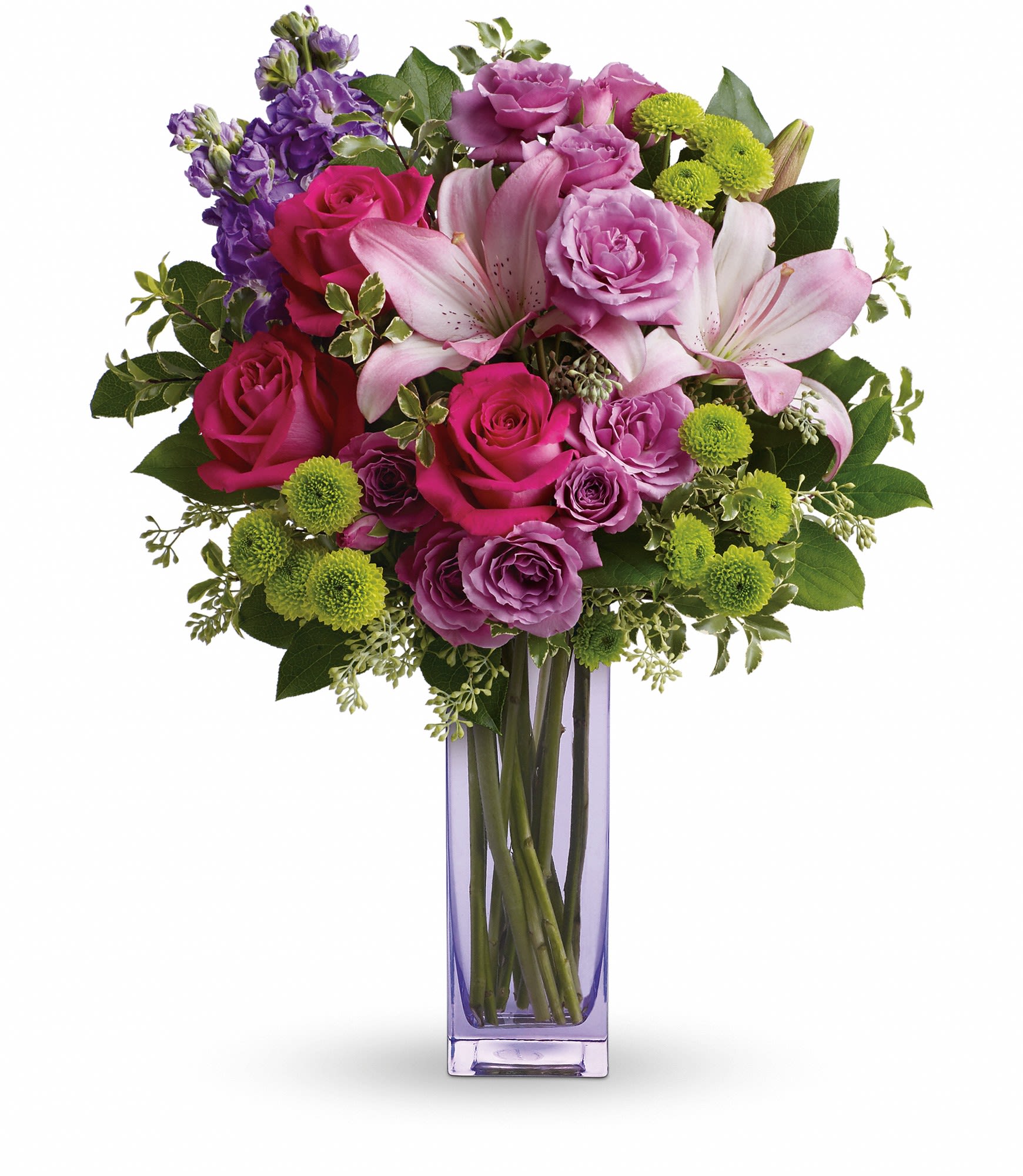 Teleflora's Fresh Flourish Bouquet - Color them happy with this bold, beautiful mix of hot pinks, flirty lavenders, and lime greens! Hand-delivered in a lavender glass vase, this posh present pampers your loved one on a special day - or any day at all! 