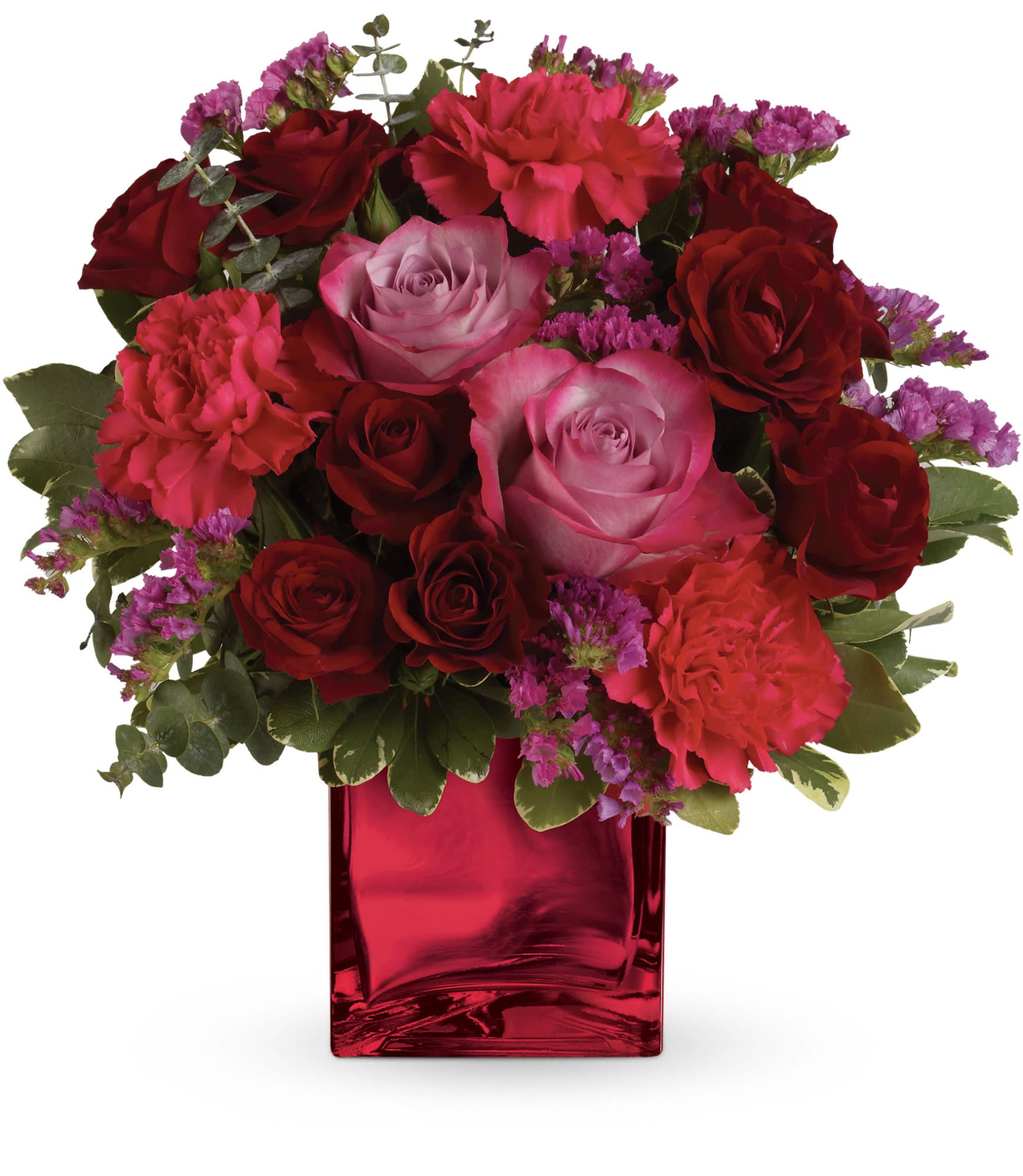 Teleflora's Ruby Rapture Bouquet - Enrapture your paramour with this dramatic display of red and lavender roses. This bouquet is arranged in a red, mirrored glass cube - a shining keepsake they'll treasure forever. 