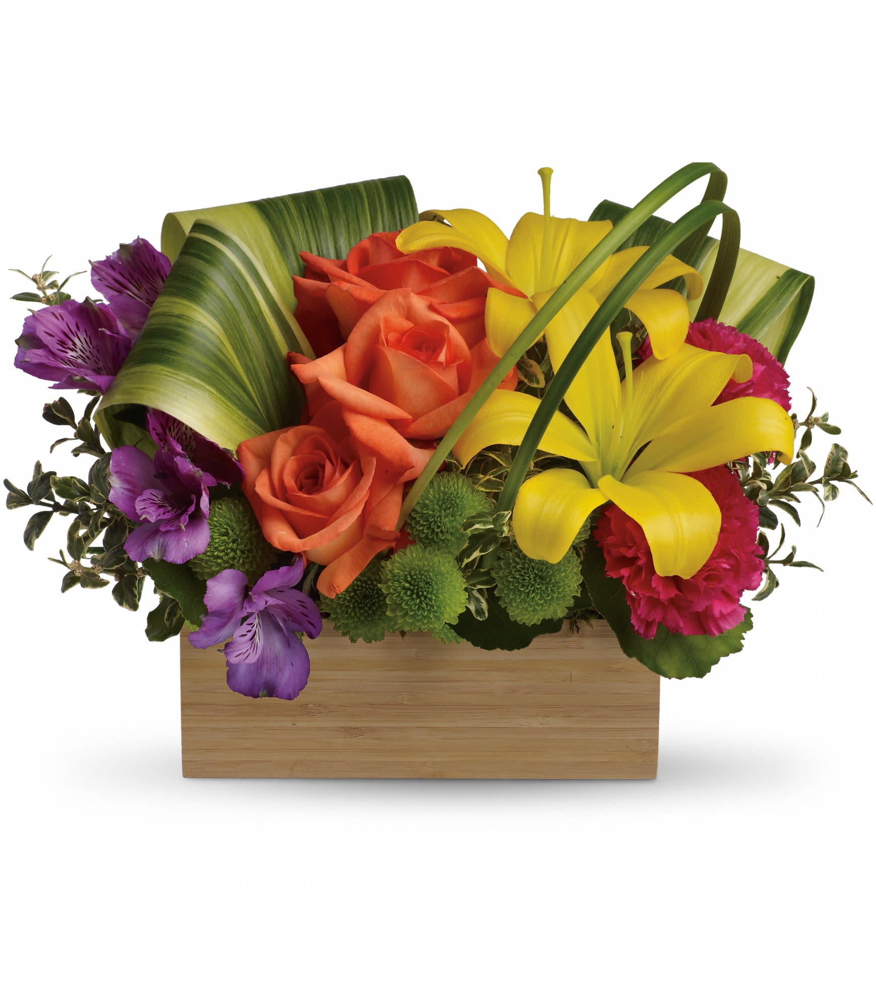 Teleflora's Shades Of Brilliance Bouquet - Send her a rainbow! Golden lilies, radiant roses and regal alstroemeria burst brilliantly from a contemporary bamboo box. What a chic, stunning way to brighten her day! 
