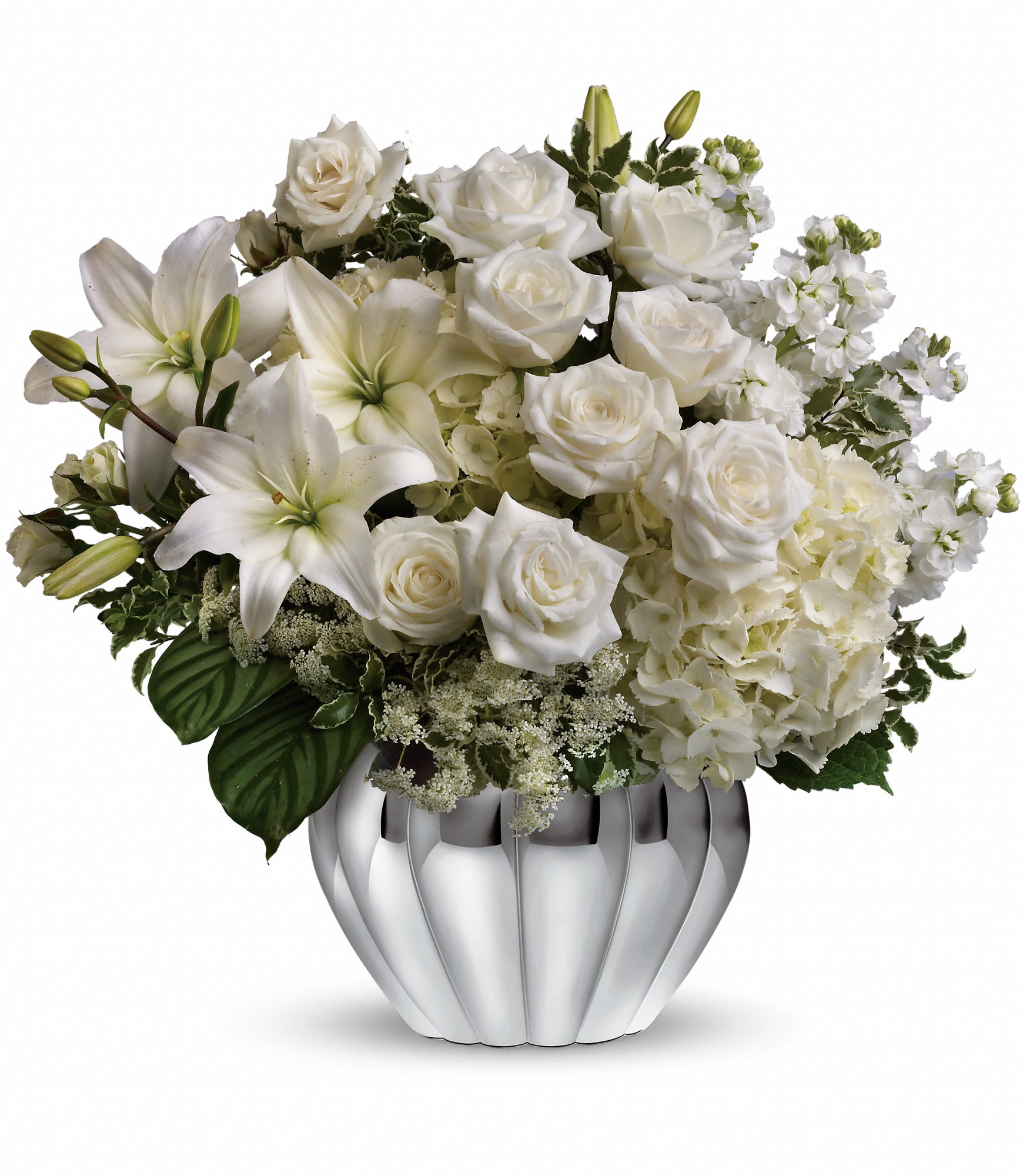 Teleflora's Gift of Grace Bouquet  - Elegantly understated, this stunning array of white roses and lilies in a stylish silver scalloped design bowl is an eloquent way to convey your love and support. 