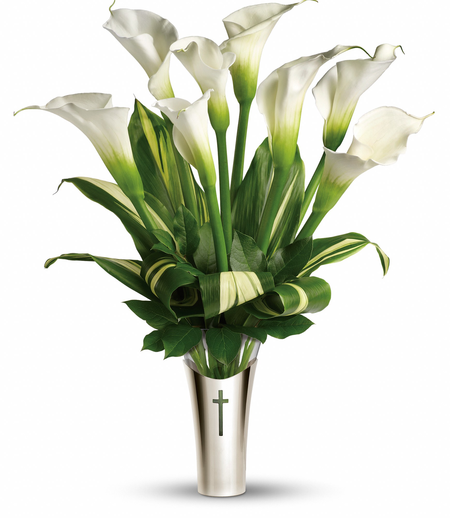 Teleflora's Inspiration Bouquet - Surprise someone special with this lovely inspirational gift of white calla lilies in a glass vase inside a silver-plated sleeve. Graced with a beautiful cross motif, it's a joyful gift they'll love now and forever.  