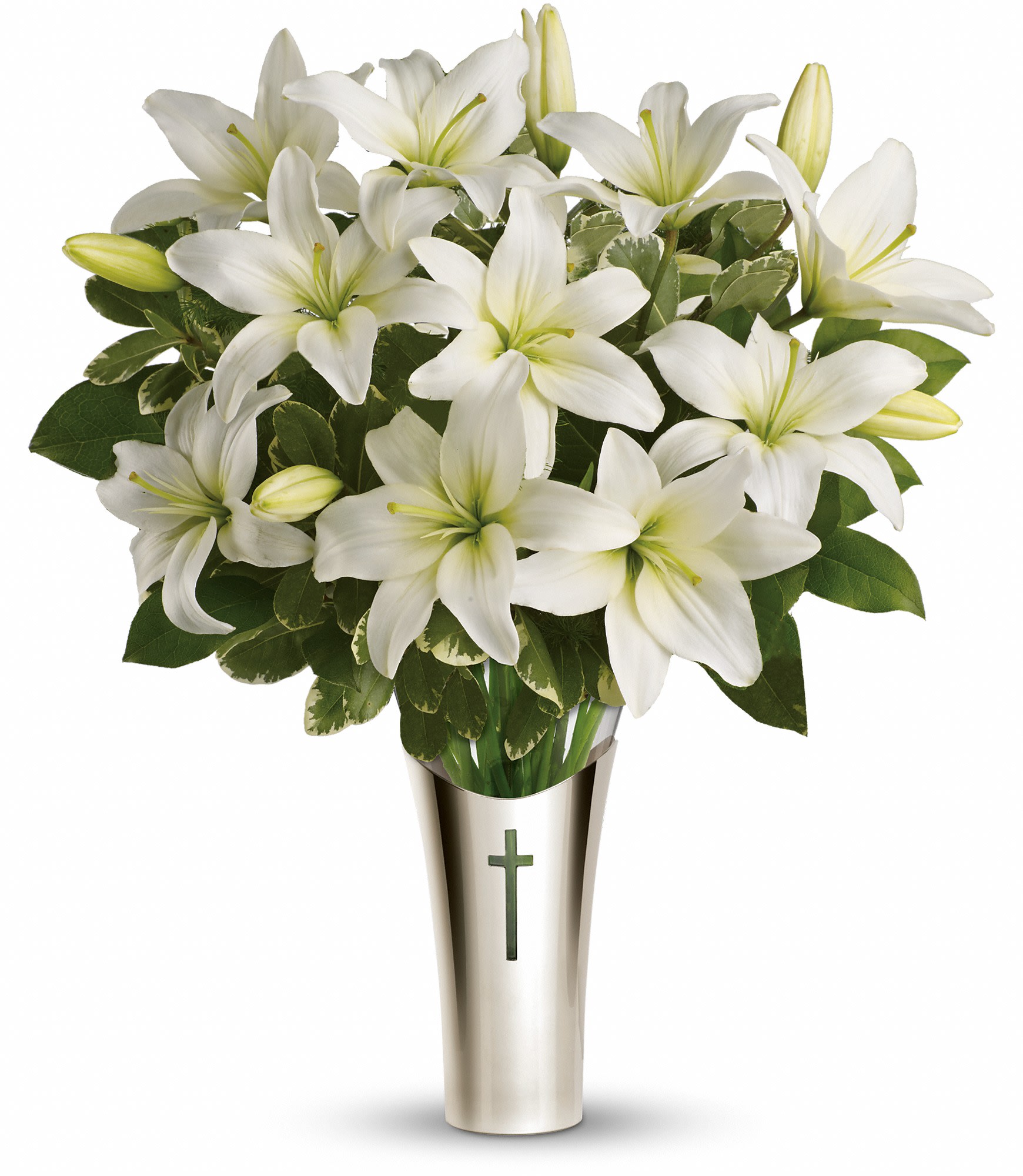 Teleflora's Sacred Cross Bouquet - Celebrate the joy of Easter with this lovely gift. White asiatic lilies are glorious in a stunning glass vase inside a silver-plated sleeve graced with a beautiful cross motif. This elegantly contemporary keepsake is a reminder that Easter is a time of constant renewal. 