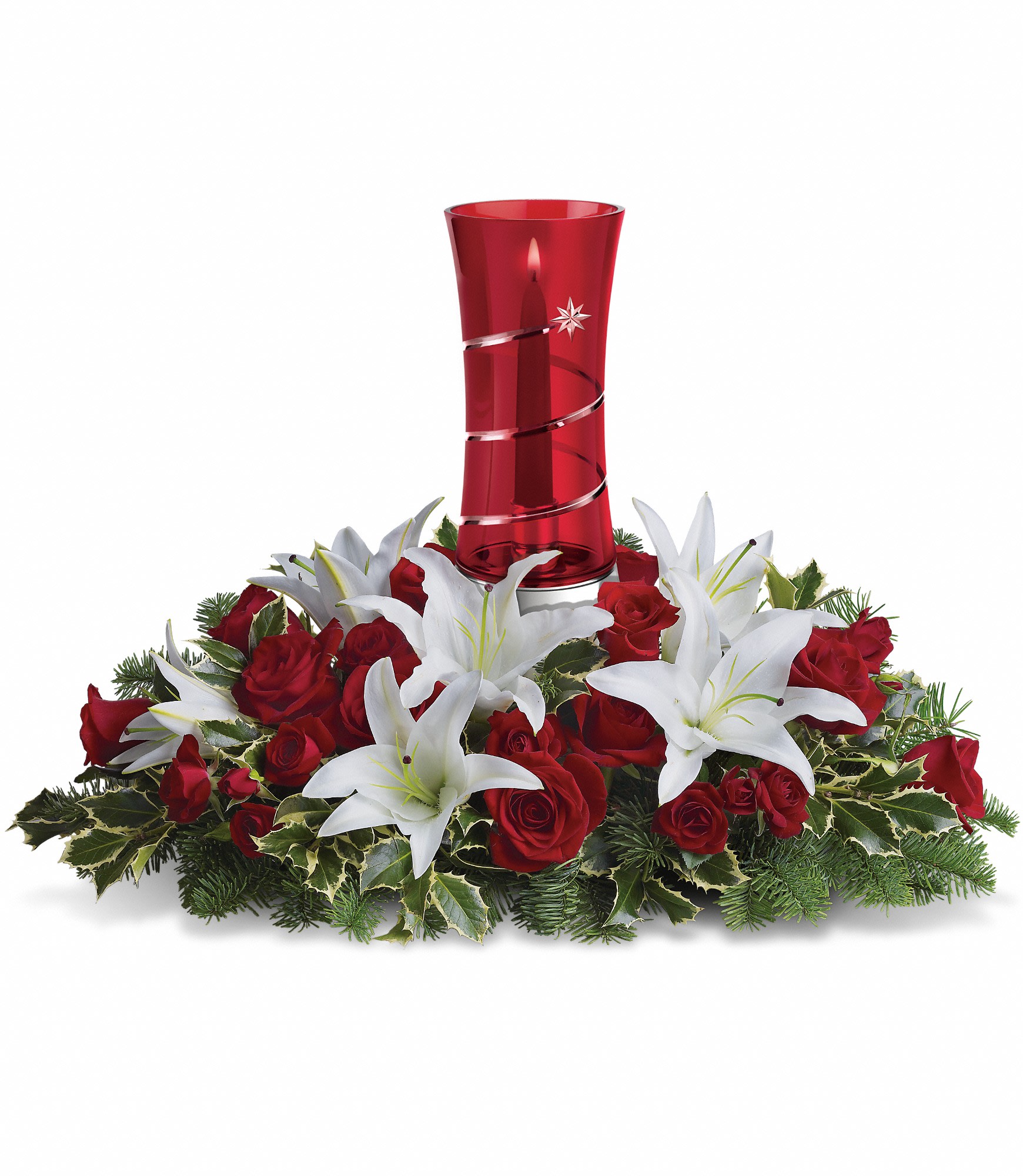 Teleflora's Wondrous Night Centerpiece - The stunning Christmas centerpiece features red roses, red spray roses, white Asiatic lilies, noble fir and variegated holly. Approximately 26" W x 12 1/2" H.  T11X310A