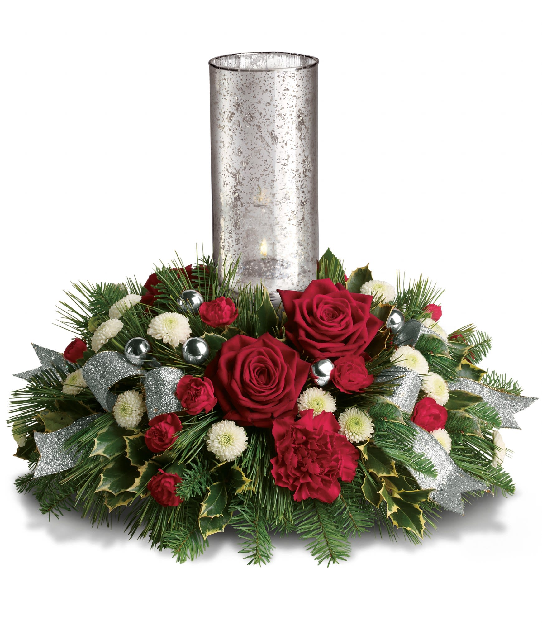 Teleflora's Snow-Kissed Roses Centerpiece - Red roses, carnations, miniature carnations and white button spray chrysanthemums are accented with tips of white pine, holly and noble fir. Delivered with Teleflora's Silver Glow mercury glass hurricane. Approximately 16" W x 12" H.  T12X310A