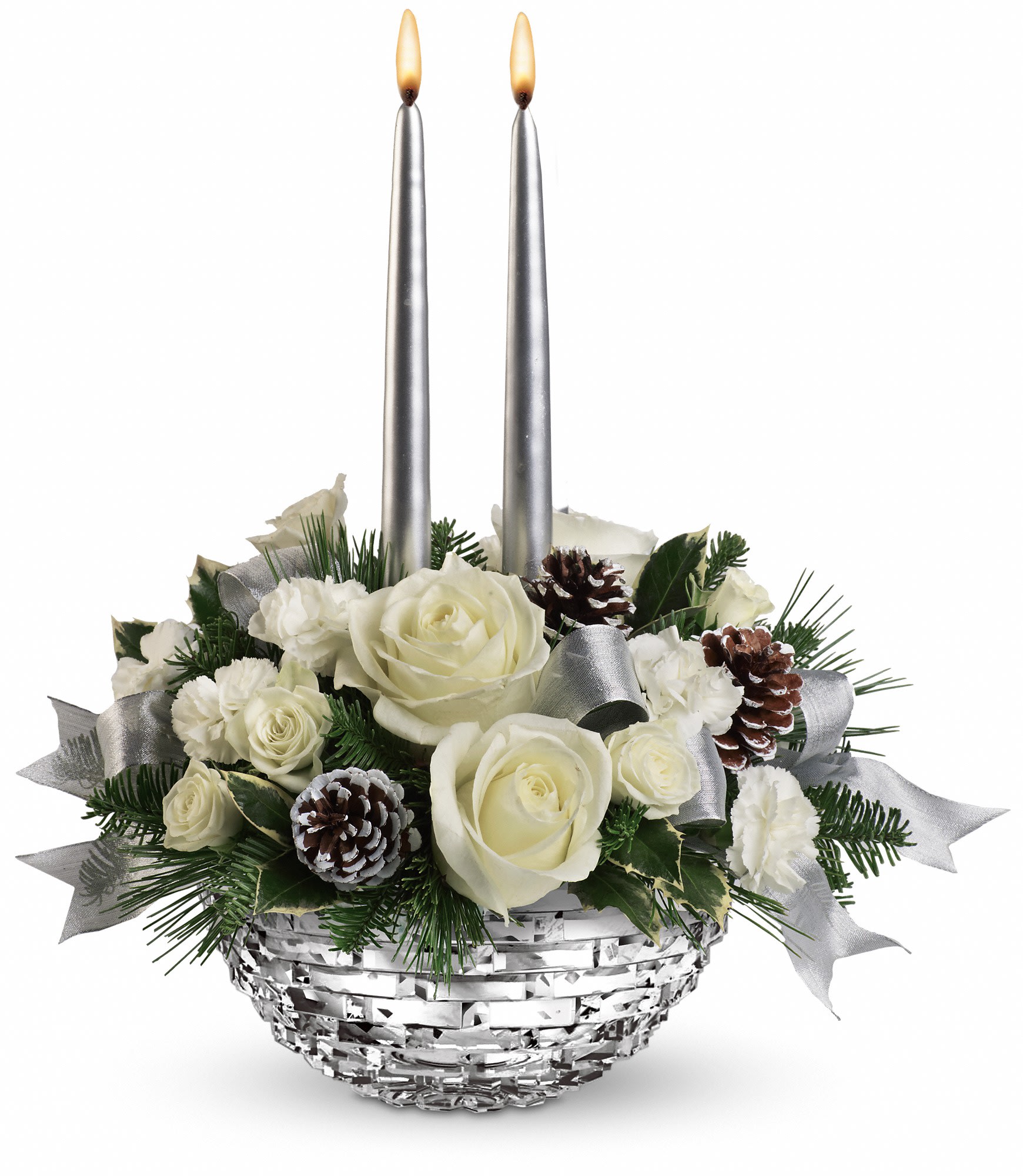 Teleflora's Splendid New Year Centerpiece - White roses, white spray roses and white miniature carnations are accented by tips of white pine, holly and noble fir and frosted pinecones. Delivered in Teleflora's Sparkle of Christmas glass bowl. Approximately 15 1/2" W x 16" H. T12X110A