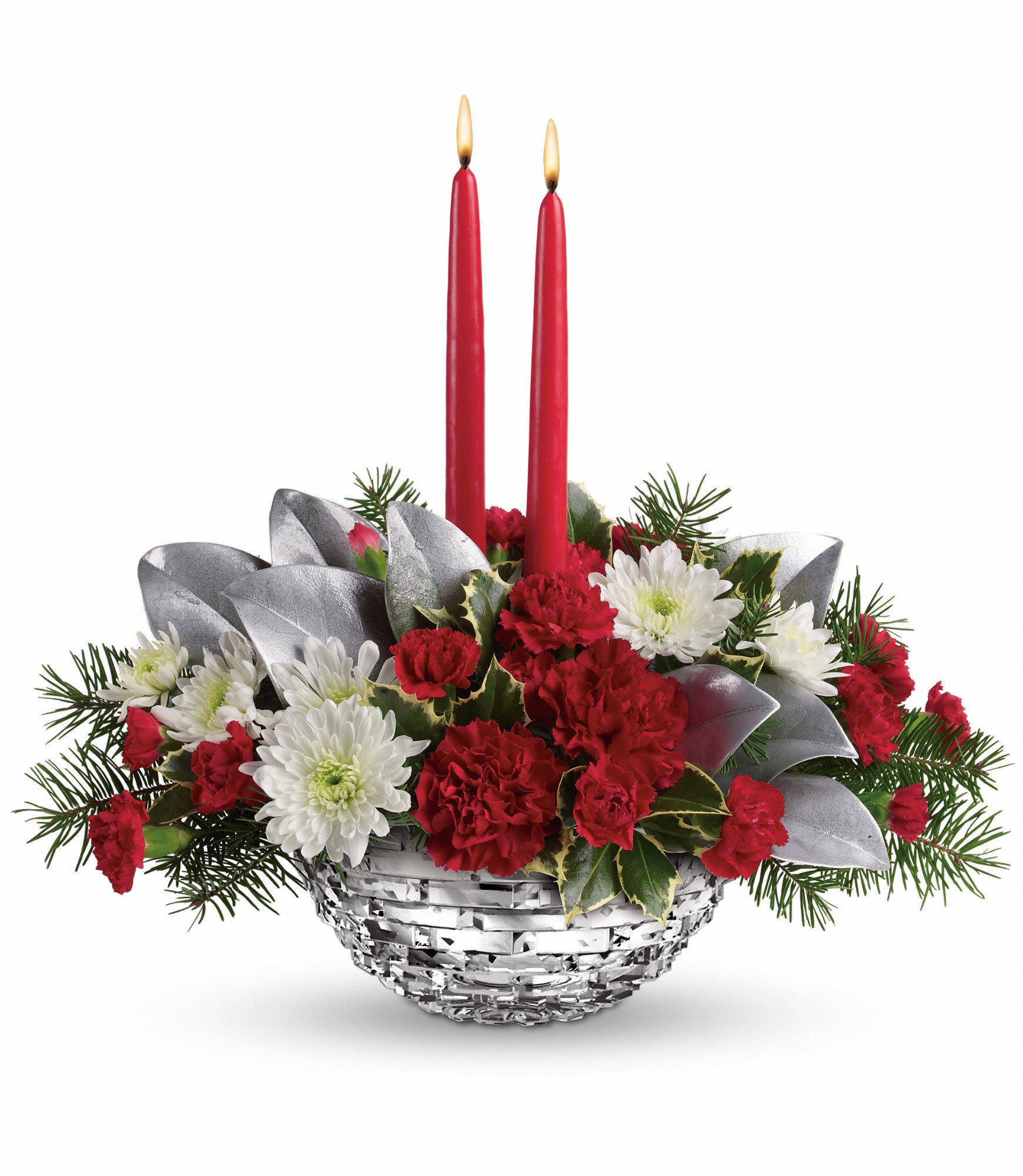 Teleflora's Winter Magic Centerpiece - Red carnations, miniature carnations and white cushion spray chrysanthemums are accented by douglas fir, magnolia leaves and holly. Delivered in a Sparkle of Christmas glass bowl. Approximately 17 1/2" W x 15 1/2" H. T12X120A