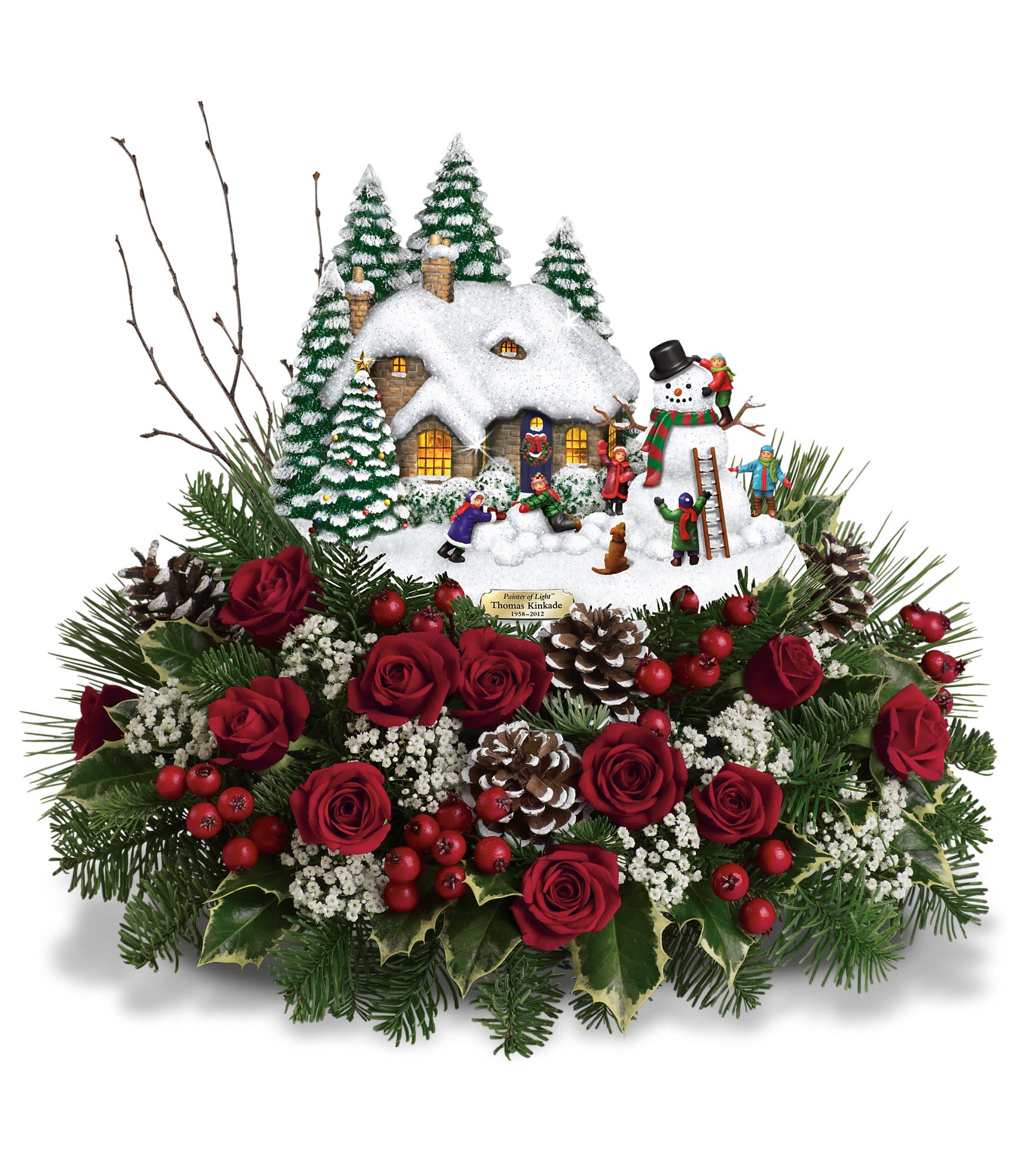 Thomas Kinkade's Winter Wonder by Teleflora - Red spray roses and million star gypsophila are accented by birch and tips of white pine, noble fir and holly. Delivered with Thomas Kinkade's Memorial Winter Wonder collectible. Approximately 15 1/2" W x 13 1/2" H.  T12X200A