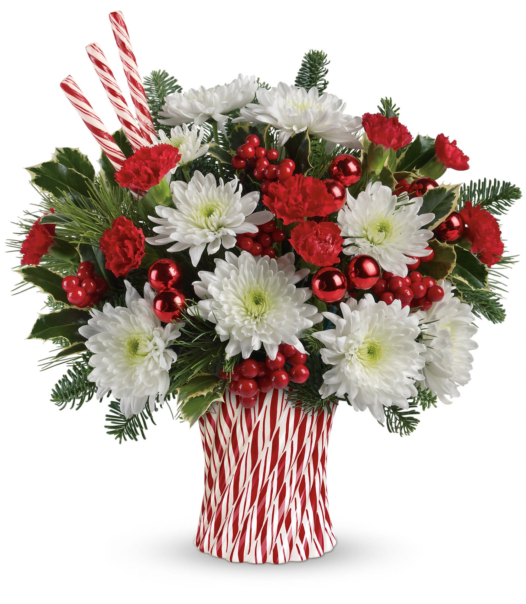 Teleflora's Sweet Holiday Wishes Bouquet - Red carnations and snow white cushion chrysanthemums are accented with variegated holly, noble fir, white pine, red berries, a few candy canes and red ornament balls. Delivered in an exclusive Peppermint Sticks vase. Approximately 13 3/4" W x 14 3/4" H. T13X610A