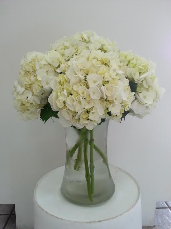 White hydrangea bouquet in a clear glass vase