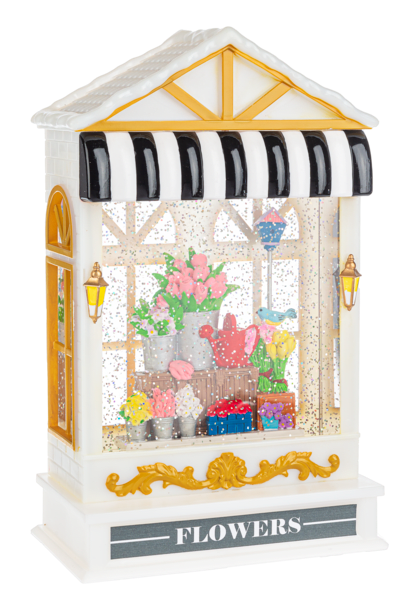 Decorative flower shop display with colorful potted blooms in a miniature storefront