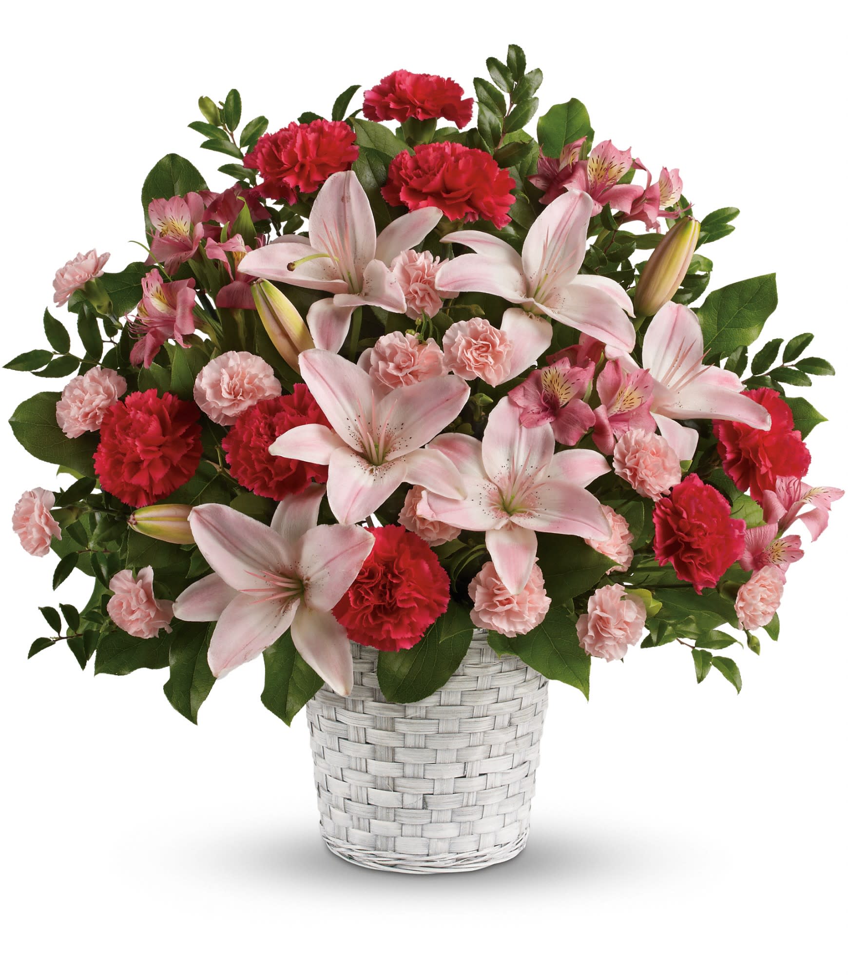 Sweet Sincerity - Convey your sympathy tastefully with this lovely gift of pink floral favorites in a snowy white basket. The family will be deeply touched by your thoughtfulness. 