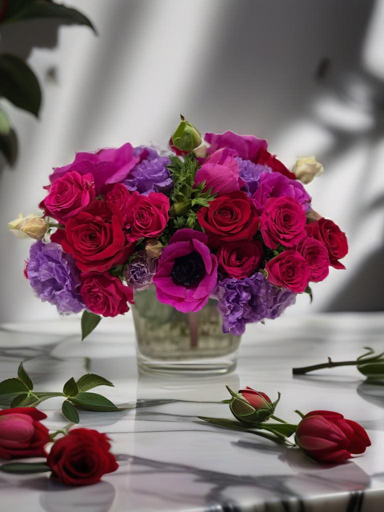 Pink and purple flower arrangement in a clear glass vase