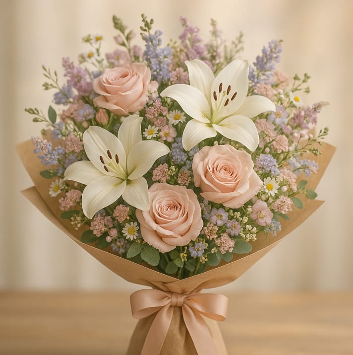 Bouquet of pale pink roses and white lilies wrapped in kraft paper