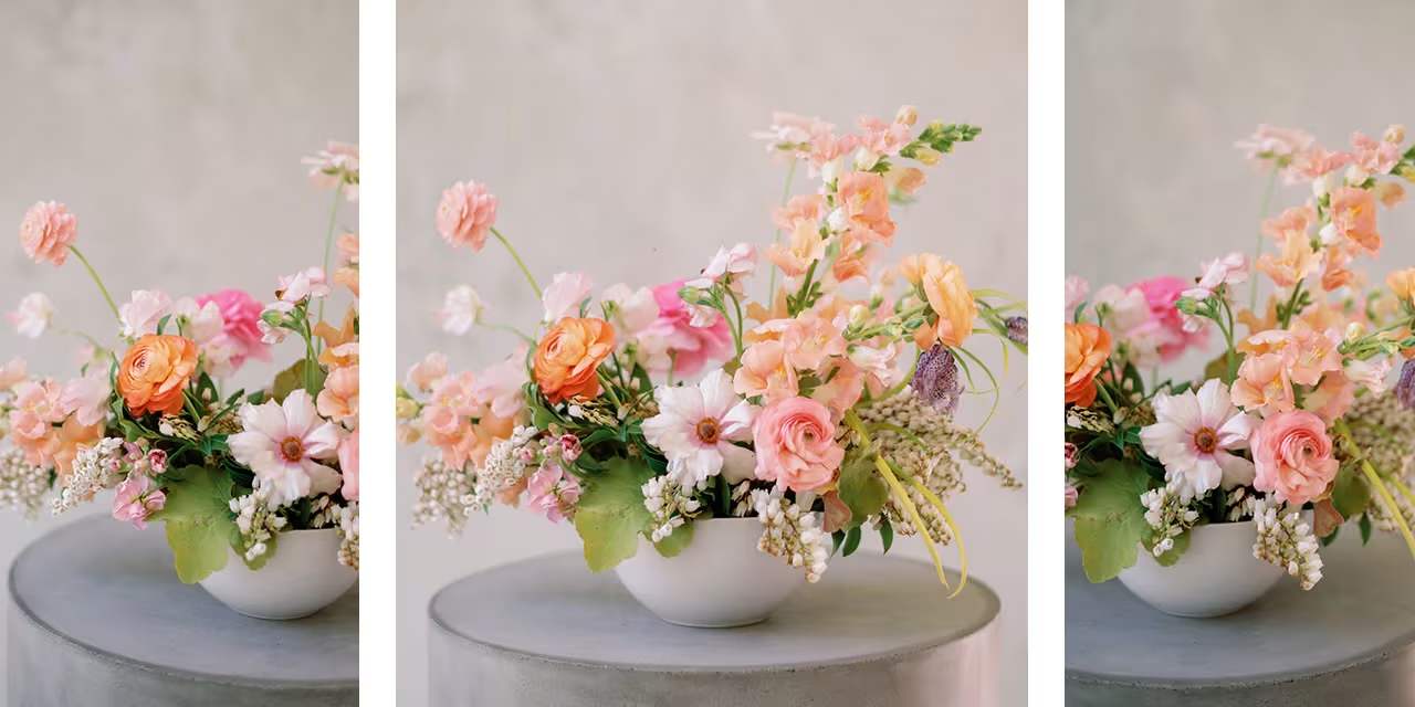 Pastel floral arrangement in a white bowl vase