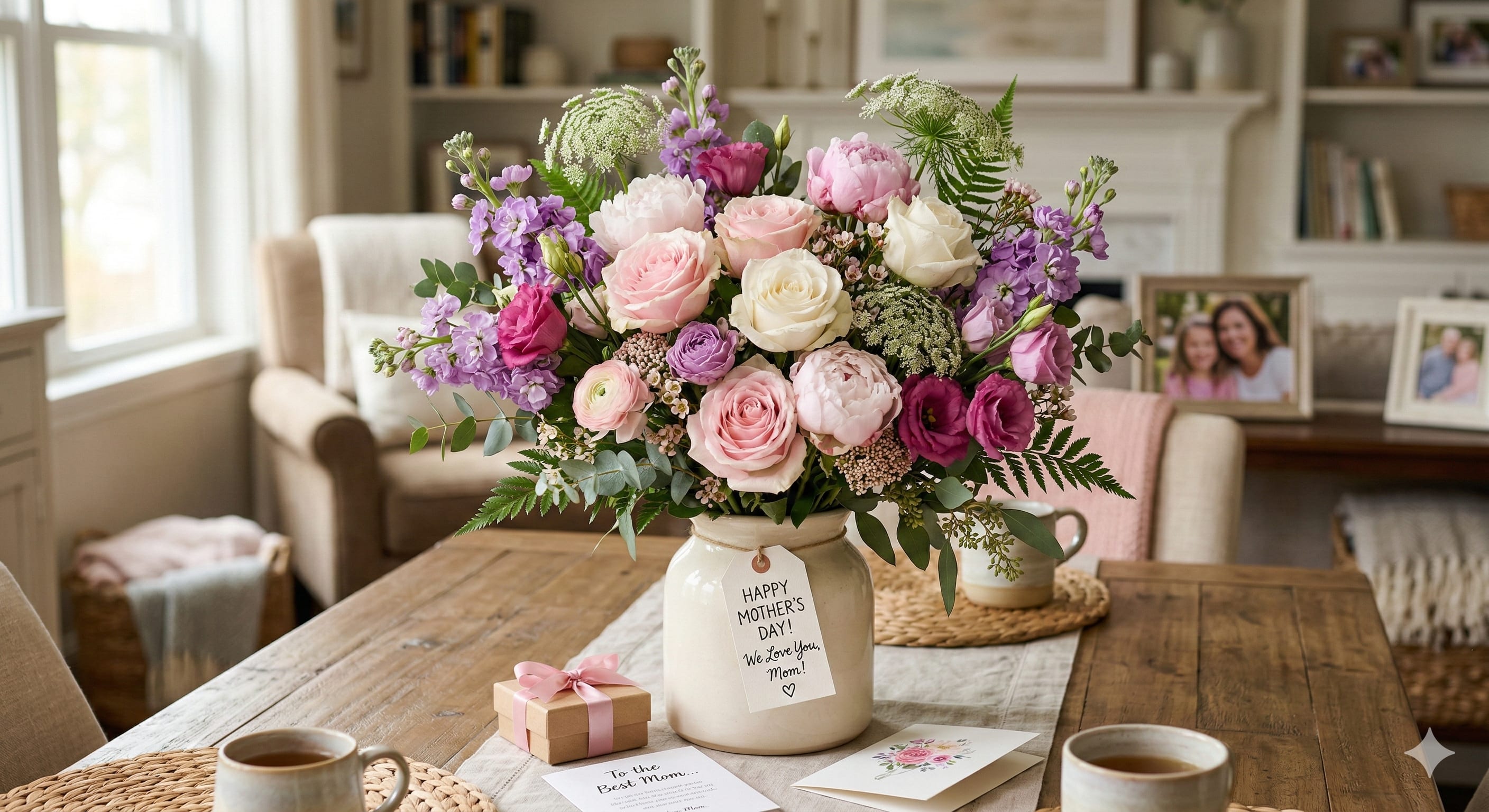 Pink, white, and purple roses and peonies in a cream ceramic pitcher on a wooden table