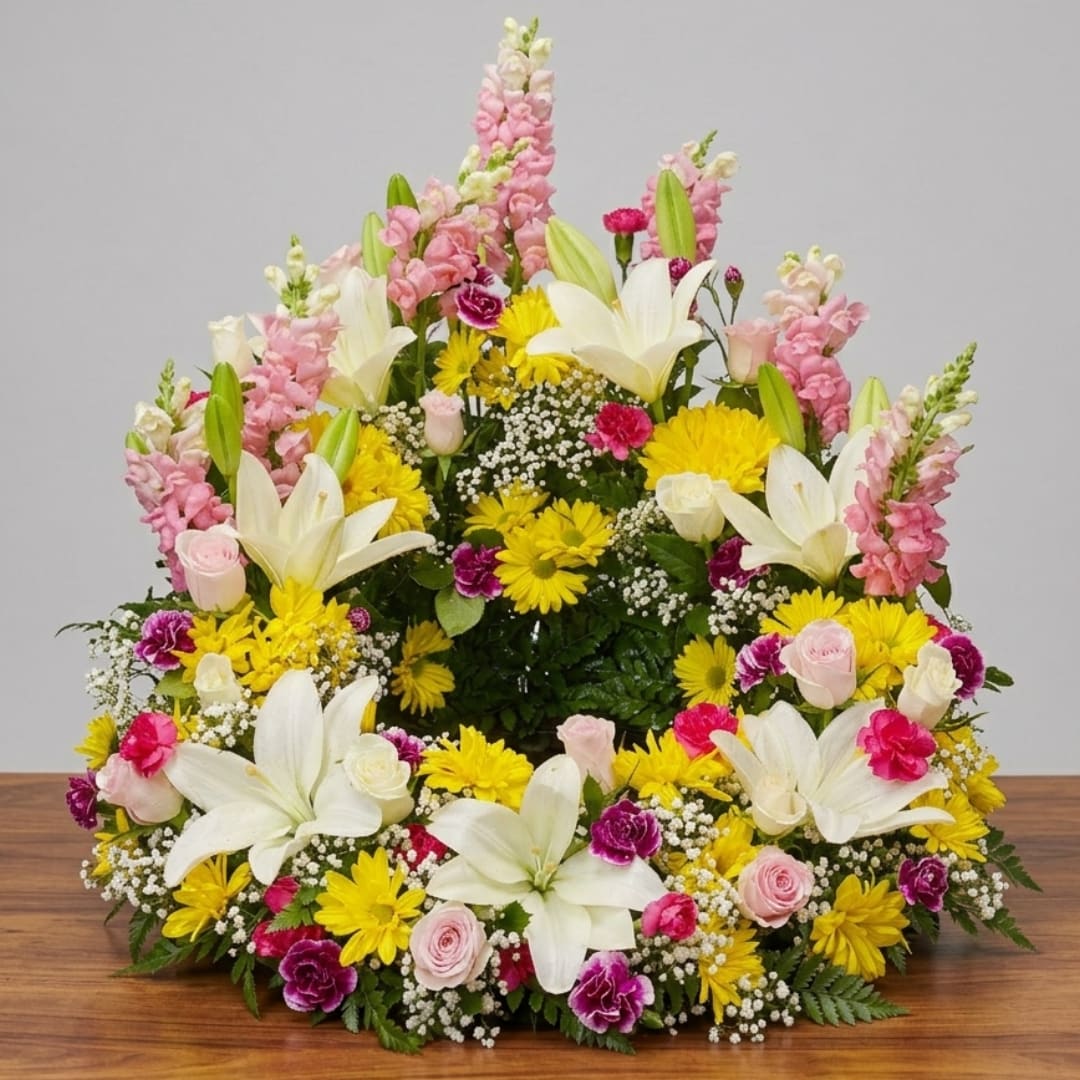 Large floral spray with white lilies, pink snapdragons, and yellow daisies