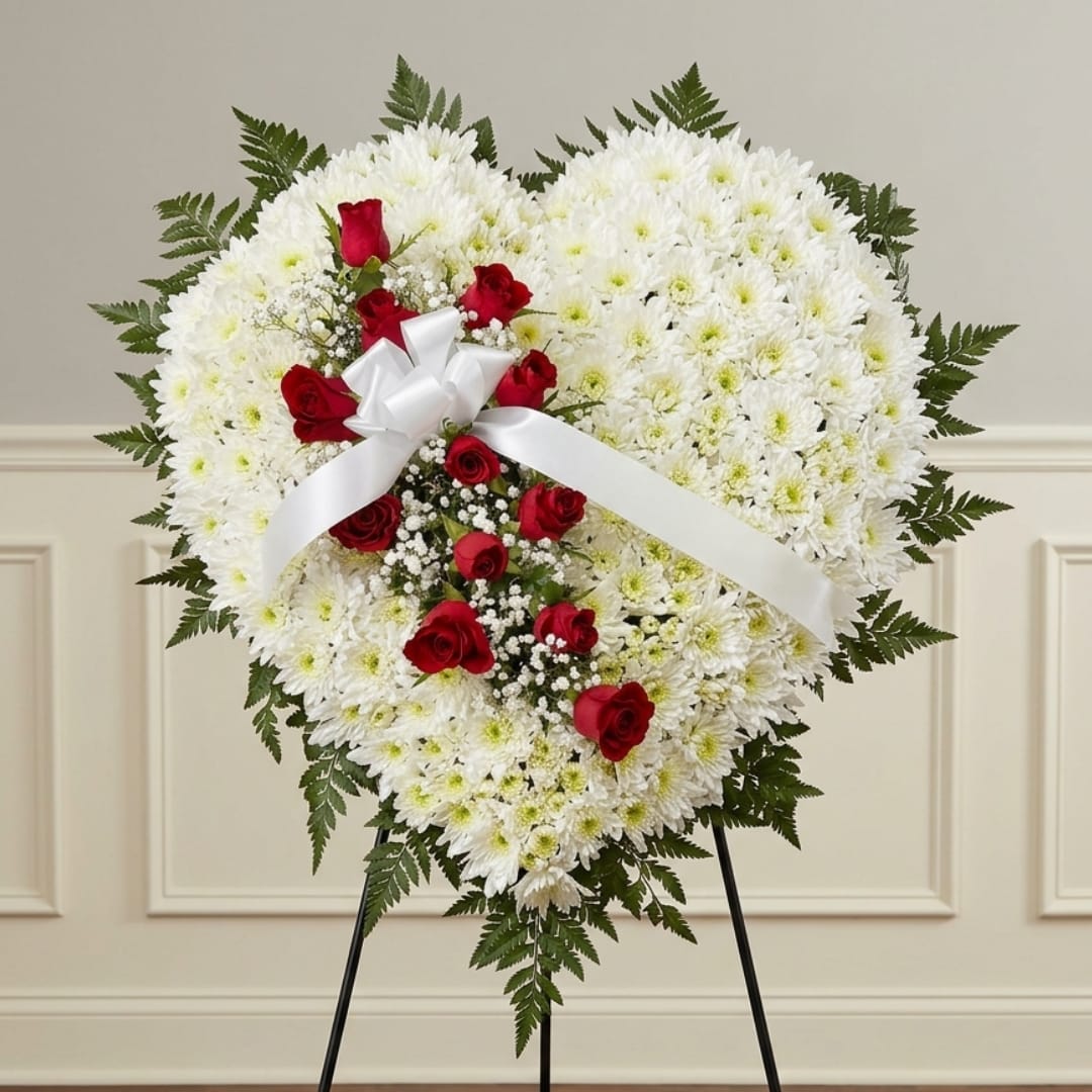 Heart-shaped white chrysanthemum wreath with red roses and a white ribbon on an easel