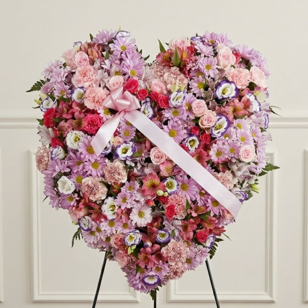 Heart-shaped floral wreath with pink and purple flowers and a satin ribbon