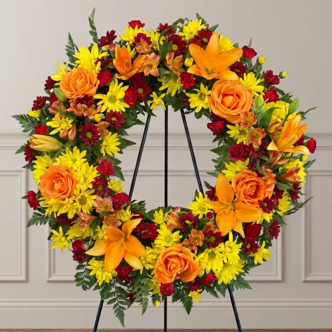 Circular floral wreath with orange lilies, roses, and yellow daisies
