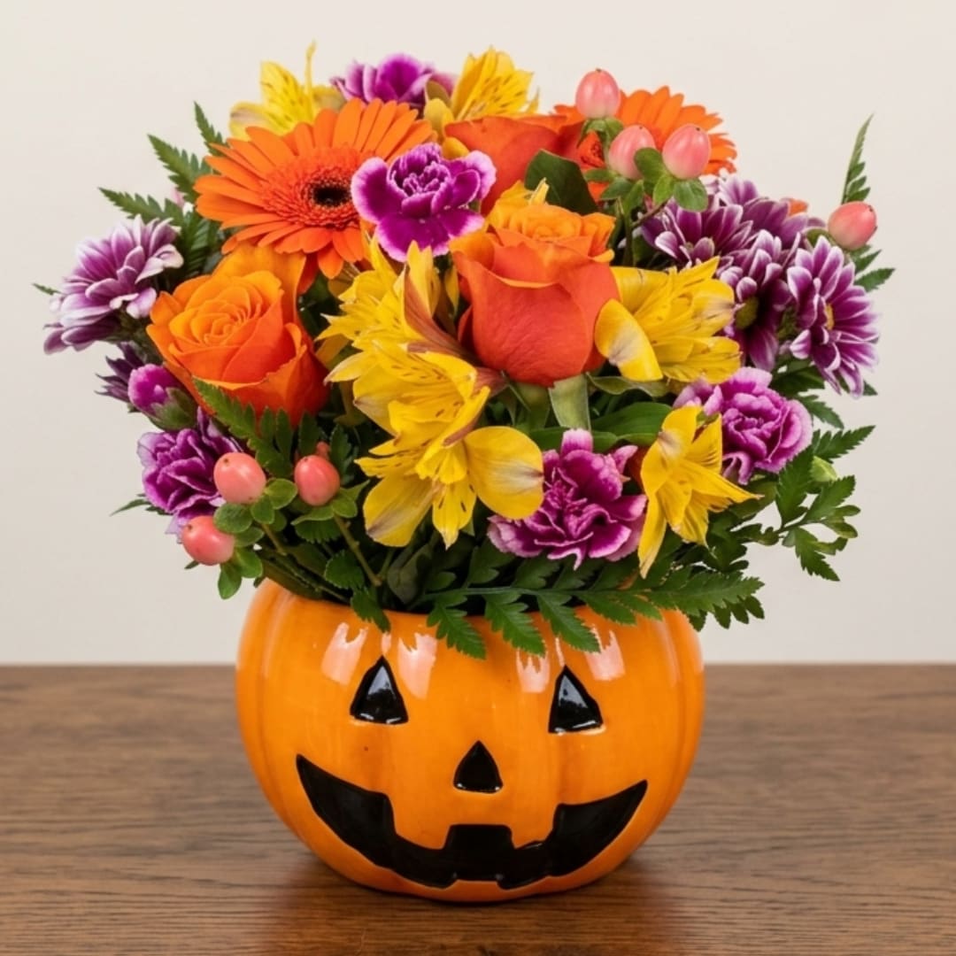 Orange and purple flower arrangement in a jack-o'-lantern container
