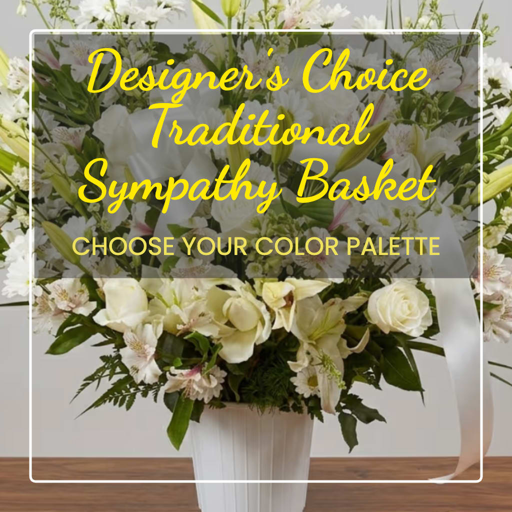 White sympathy basket arrangement in a white container