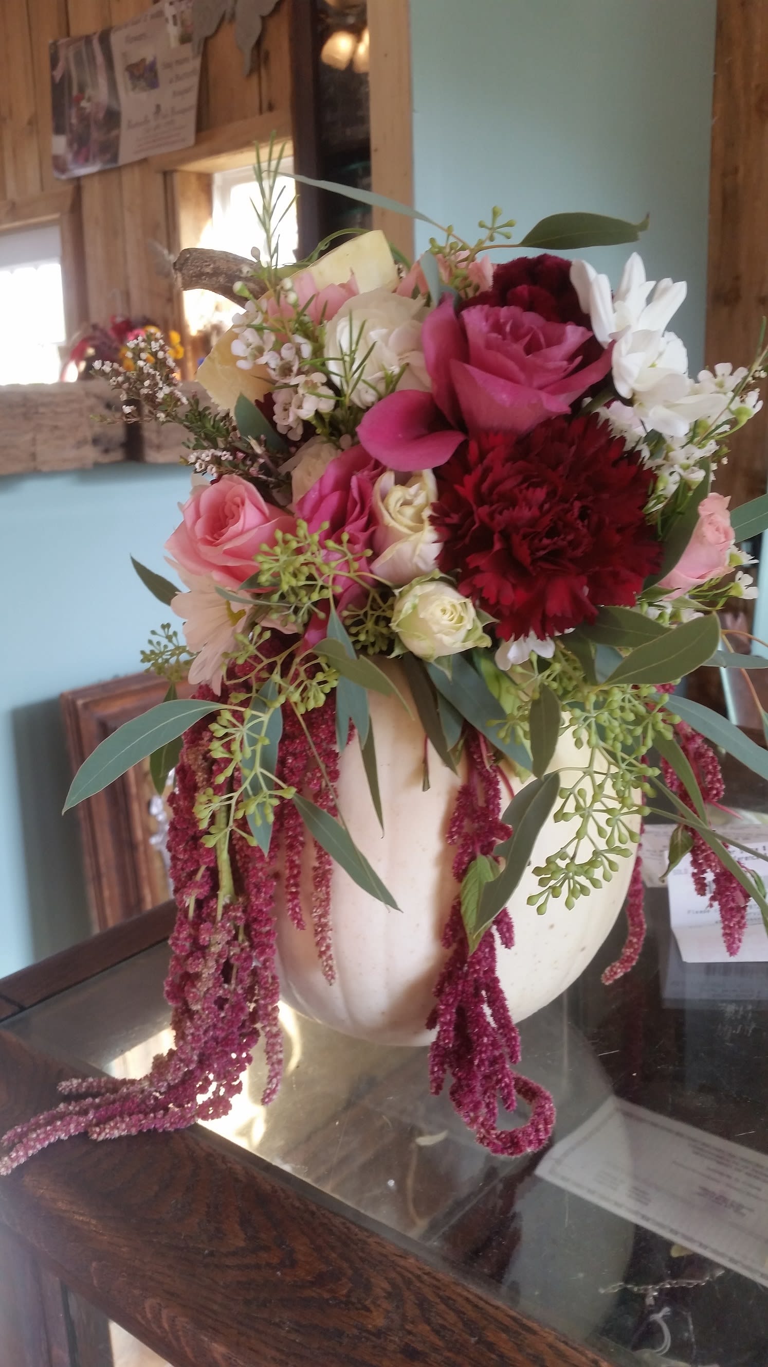 Autumn Romance - A twist on traditional autumn colors to include shades of burgundy red and cream in a freshly cut pumpkin.