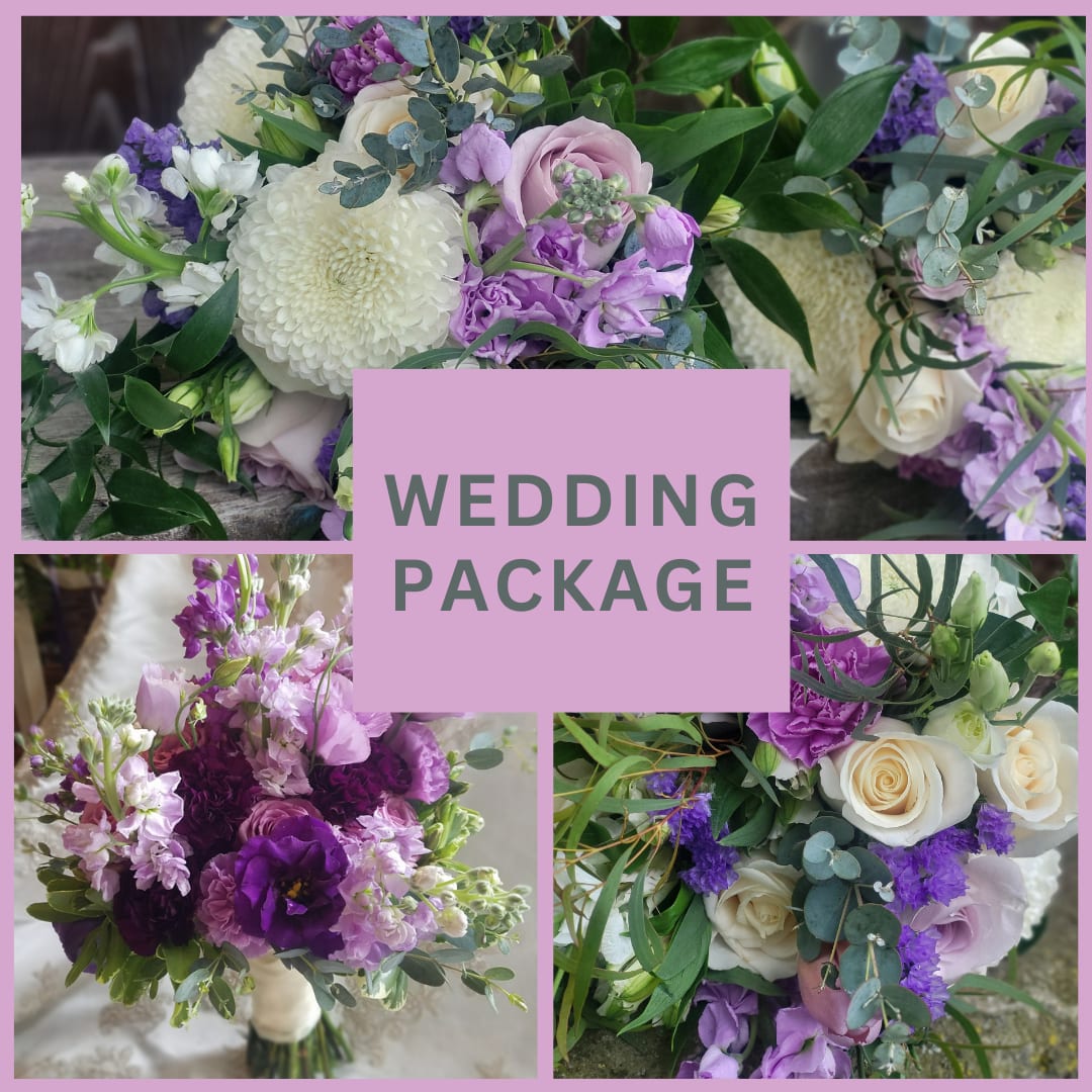 Collage of purple and white wedding bouquets with roses and mixed blooms