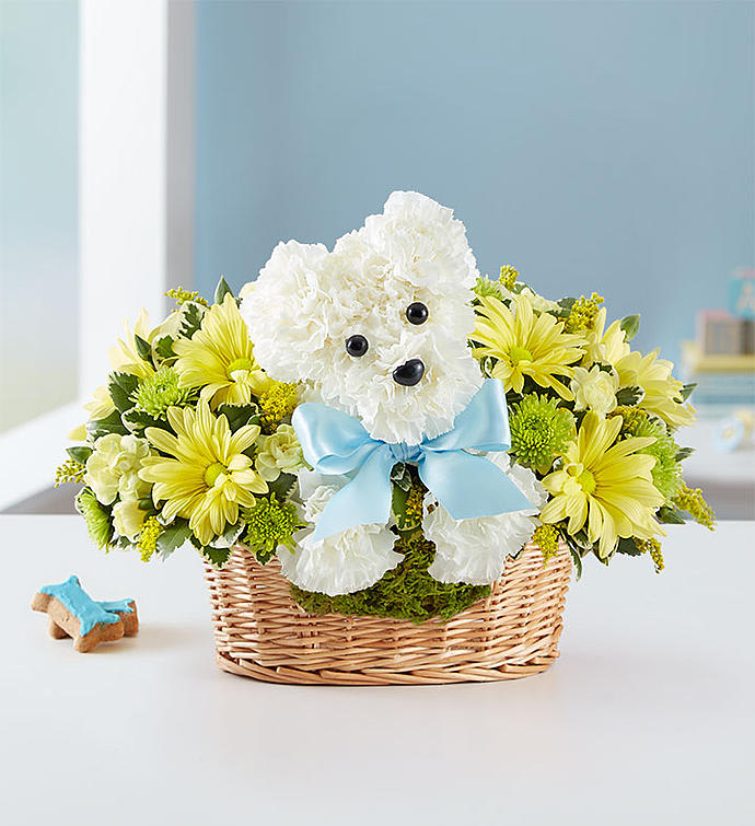 White teddy bear in a basket surrounded by yellow flowers